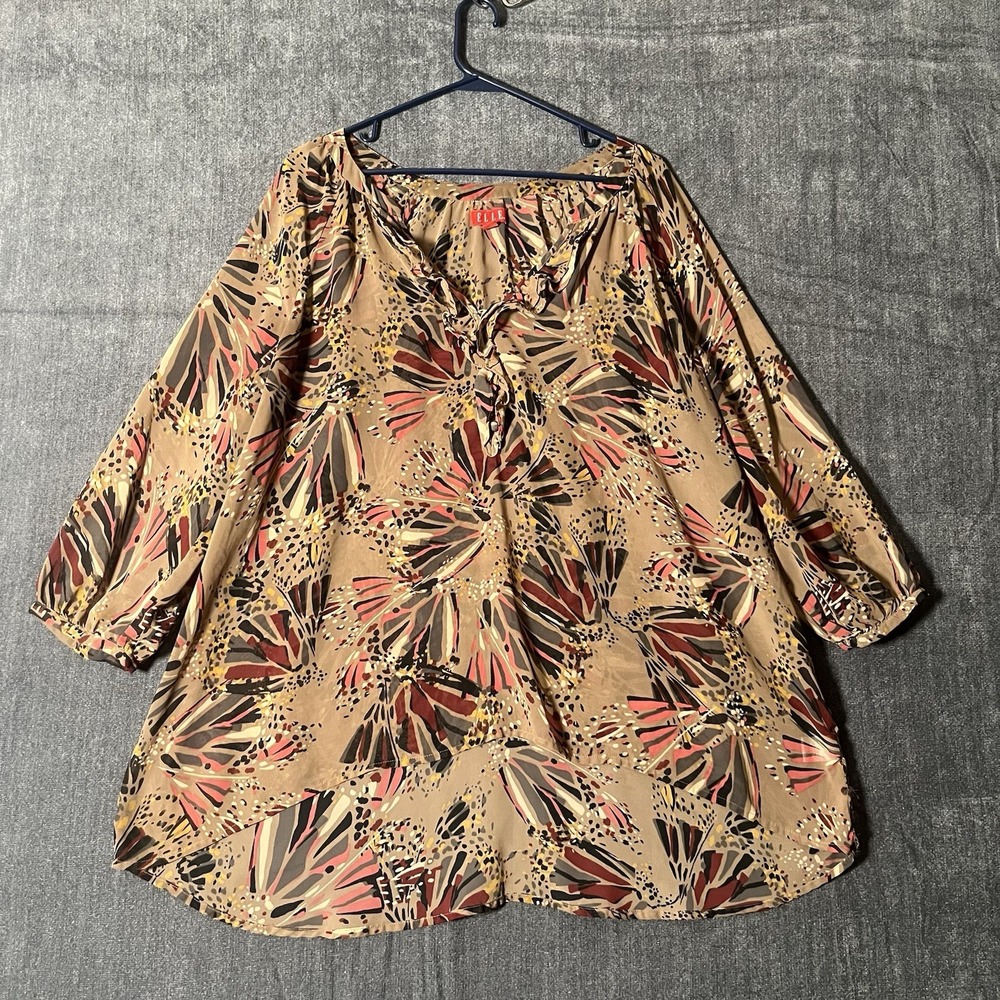 ELLE Blouse Womens XL Brown Butterfly Wing Print Boho Peasant Top 3/4 Sleeve
